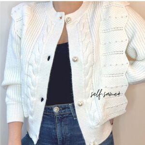 Self-Same Ivory Cable Knit Pearl Button Cardigan M